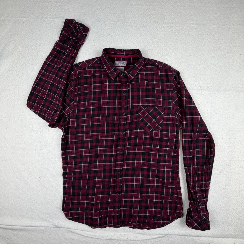 Truly Mens Flannel Shirt Medium Burgundy Black Plaid Cotton Long Sleeve Standard